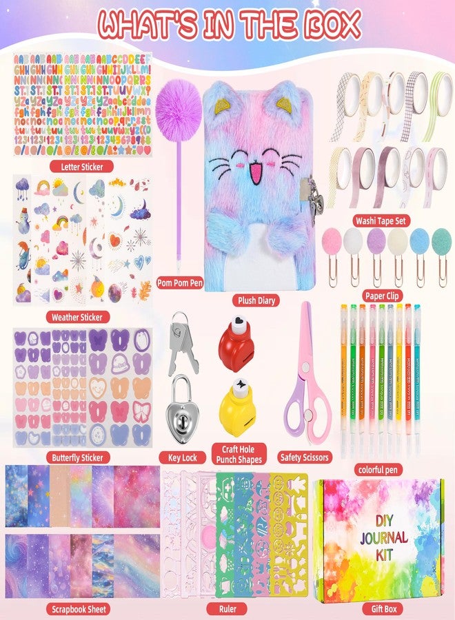 LiYiQ Plush Cat Diary Gift for Girls Kids Travel Journal Secret Diary with Scrapbook Paper Stickers Journal Stencils Pompom Pen and Washi Tape Practical Set Gift for Birthday Christma - Image 2